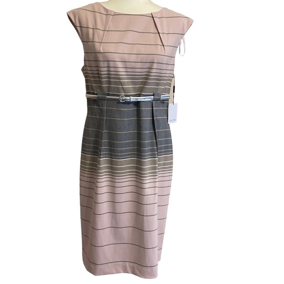 NWT CALVIN KLEIN Gray & Blush Pink Striped Capped Sleeve Sheath Dress - Picture 1 of 9